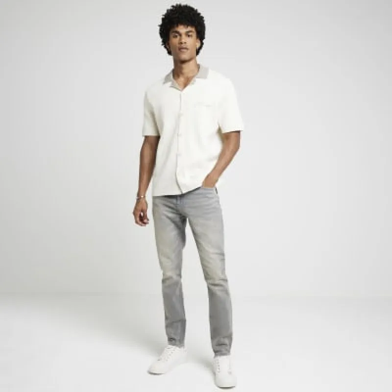 Stone Regular Fit Embroidered Revere Shirt sold by River Island