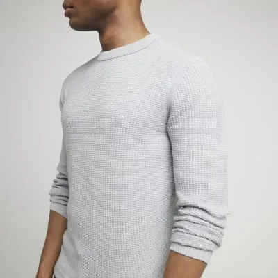 Grey slim fit waffle knit jumper sold by River Island
