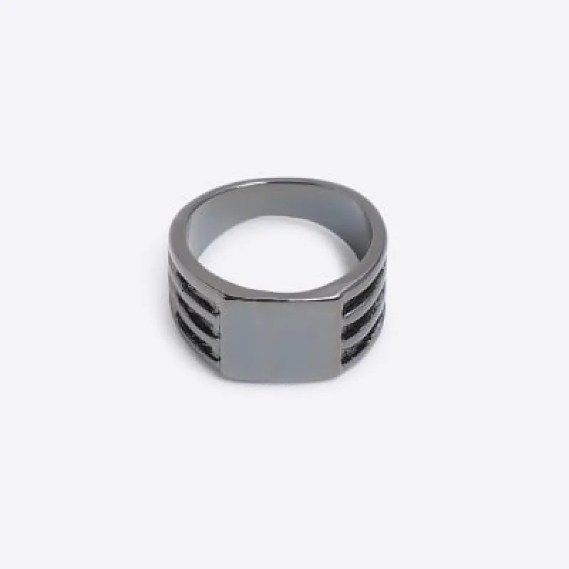 Silver colour multirow signet ring sold by River Island