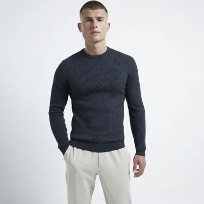 Grey muscle fit cable knit jumper sold by River Island