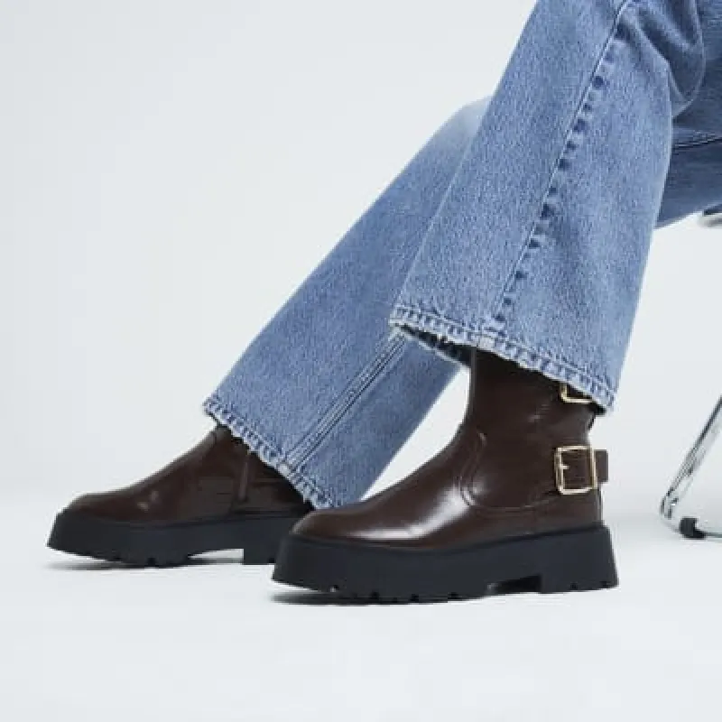 Brown Double Buckle Chunky Biker Boots sold by River Island