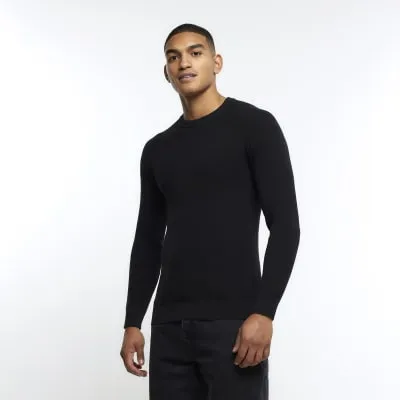 Black muscle fit stretch rib jumper sold by River Island