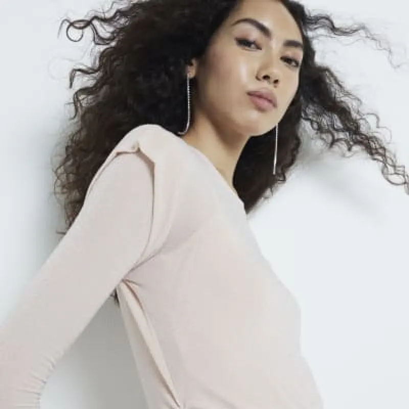 Pink Ruched Lurex Long Sleeve Top sold by River Island