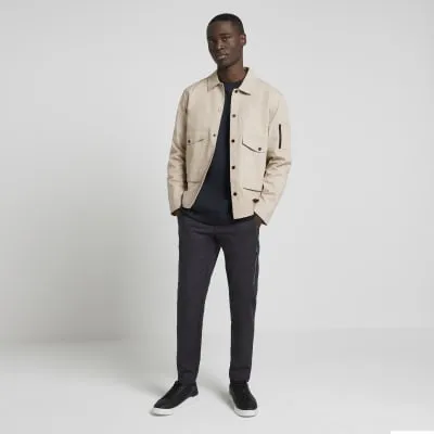 Grey slim fit zip cargo trousers sold by River Island