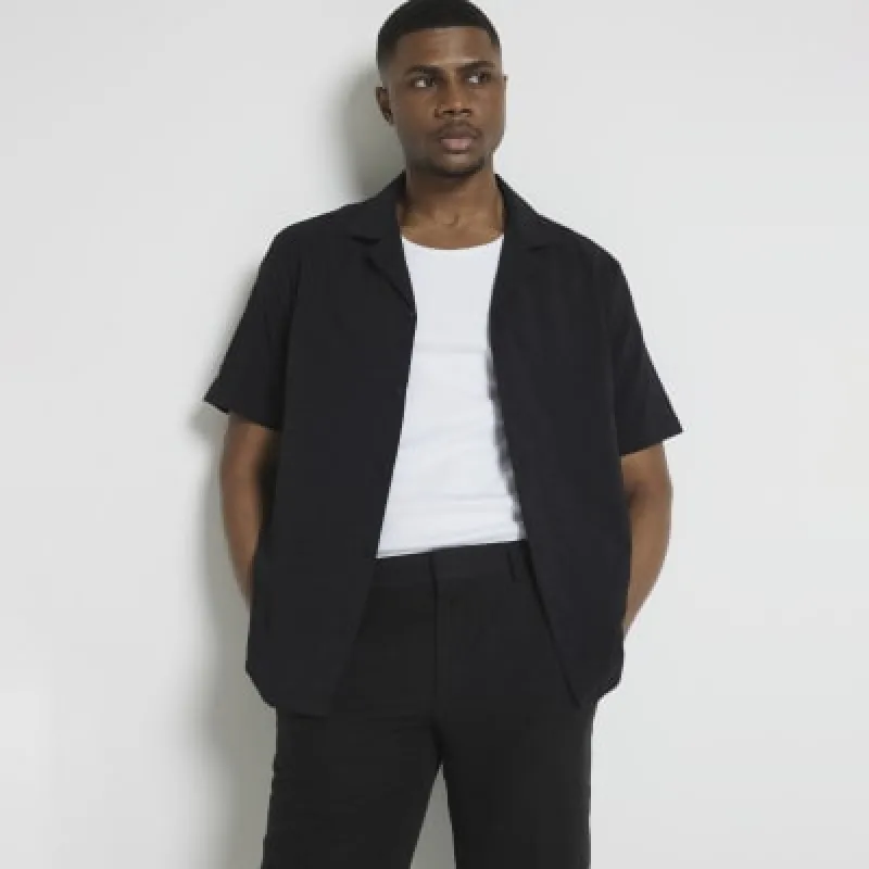 Black regular fit seersucker revere shirt sold by River Island