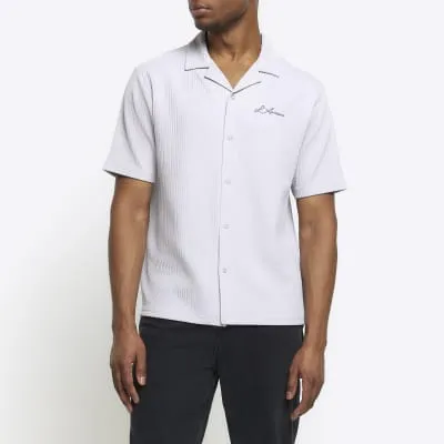 Grey regular fit textured stripe revere shirt sold by River Island