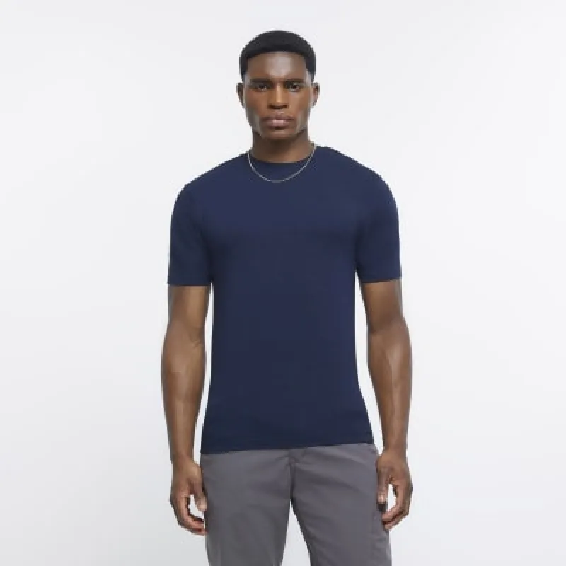 Navy muscle fit stretch short sleeve t-shirt sold by River Island