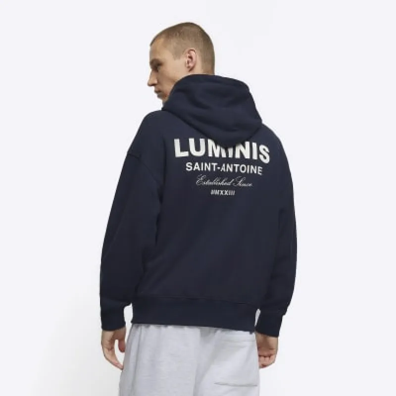 Navy oversized fit zip through hoodie sold by River Island