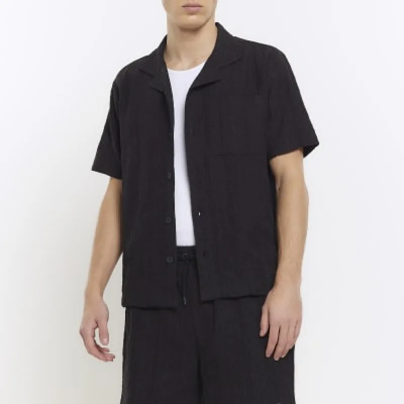 Navy regular fit crochet revere shirt sold by River Island