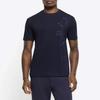 Navy Slim Fit Floral Embroidered T-shirt sold by River Island