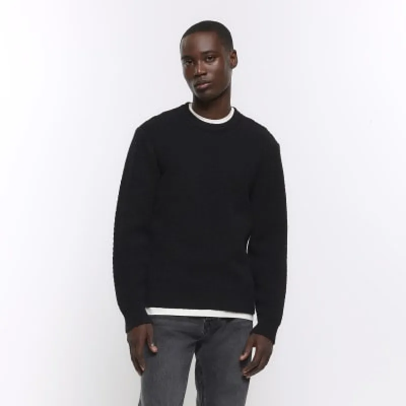 Black regular fit diagonal stitch jumper sold by River Island