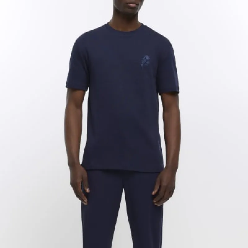 Navy slim fit chest embroidery t-shirt sold by River Island