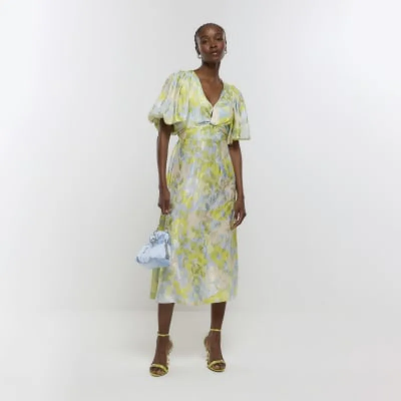 Blue floral puff sleeve swing midi dress sold by River Island