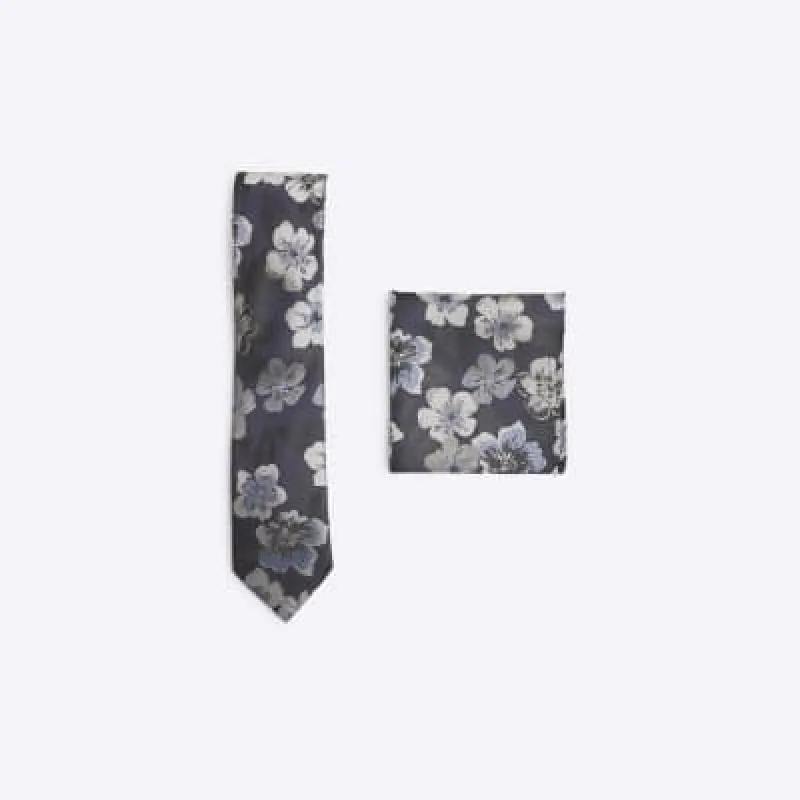 Navy Floral Tie And handkerchief Set made by River Island