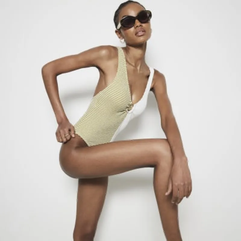 Khaki Spliced Stripe Texture Swimsuit sold by River Island