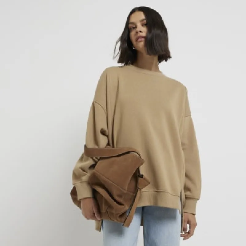 Beige Long Sleeved Split Front Sweater sold by River Island