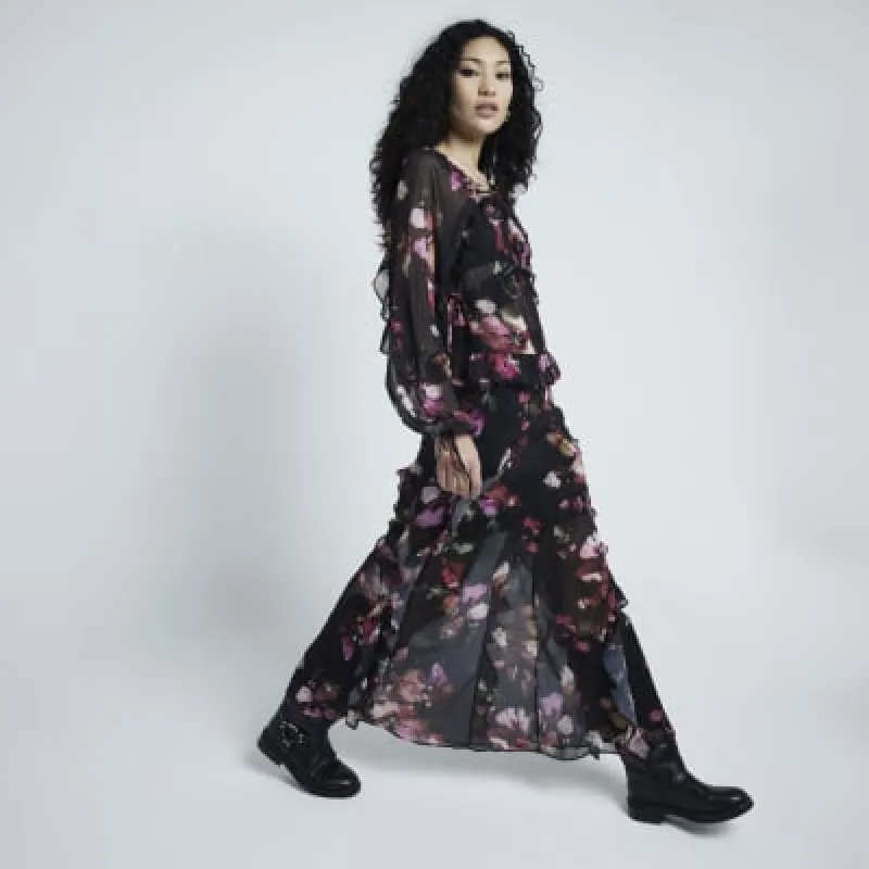 Black Chiffon Floral Ruffle Maxi Skirt sold by River Island
