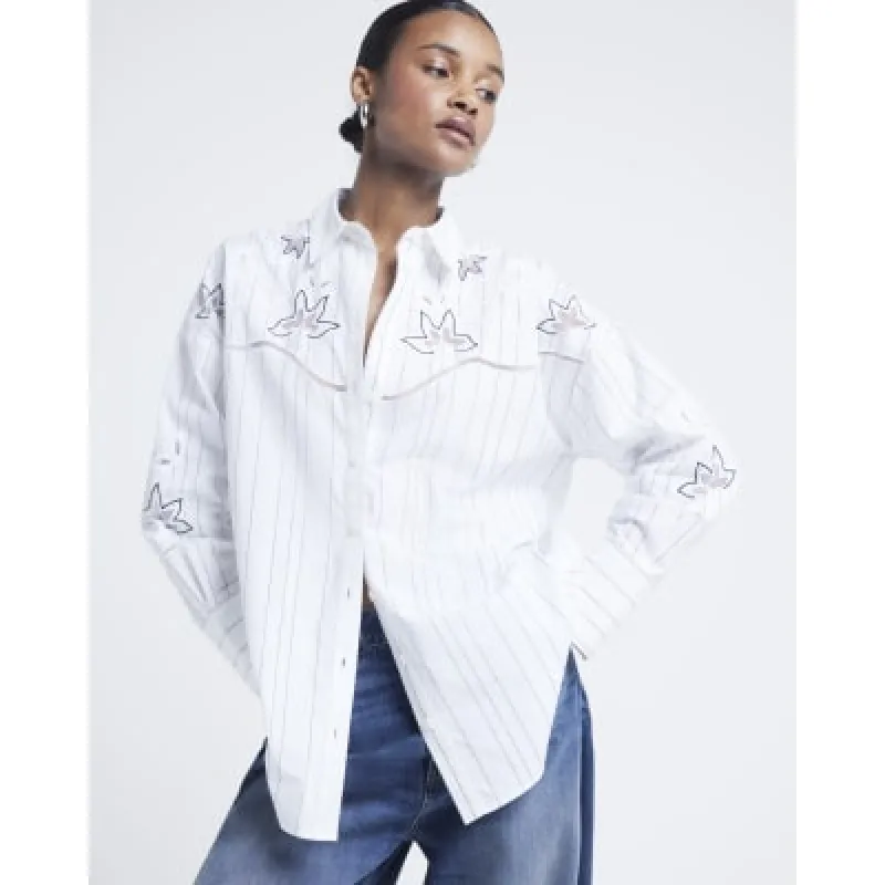 Cream Stripe Broderie Detail Shirt sold by River Island