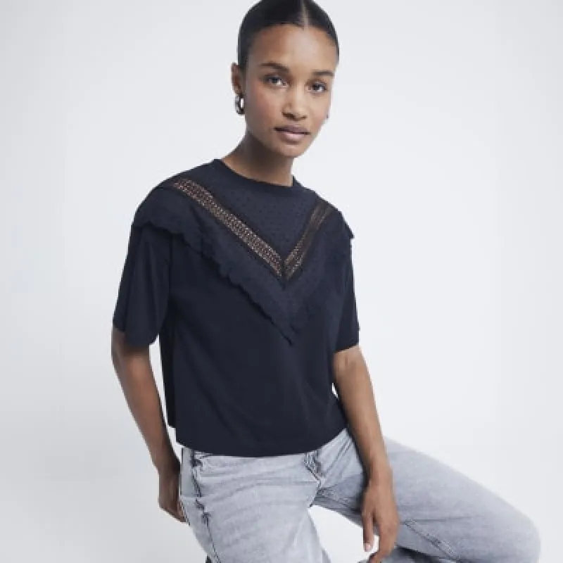 Black Chevron Lace Collar T-shirt sold by River Island