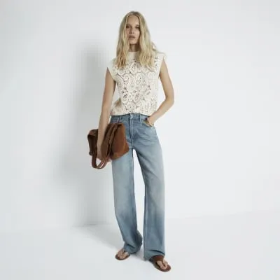 Cream Crochet Front Vest sold by River Island