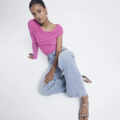 Pink Mesh Asymmetric Bodysuit sold by River Island