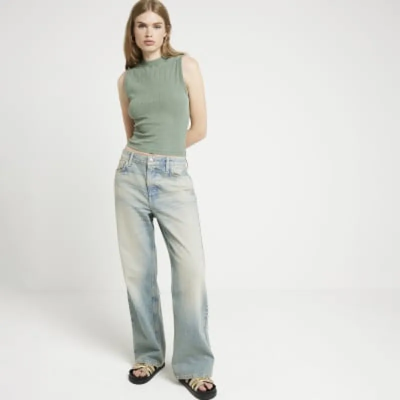 Khaki washed ribbed high neck tank top sold by River Island