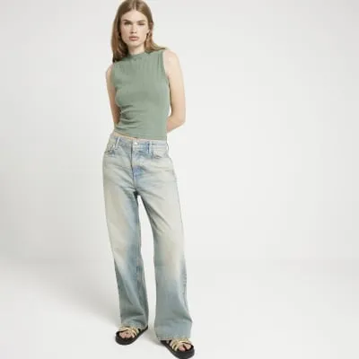 Khaki washed ribbed high neck tank top sold by River Island