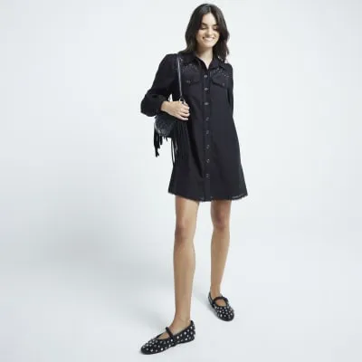 Black studded broderie mini shirt dress sold by River Island