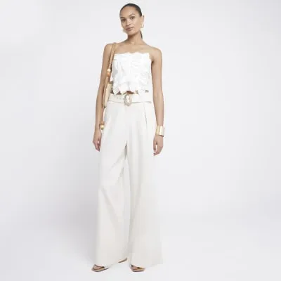 Cream Belted Wide Leg Trousers sold by River Island