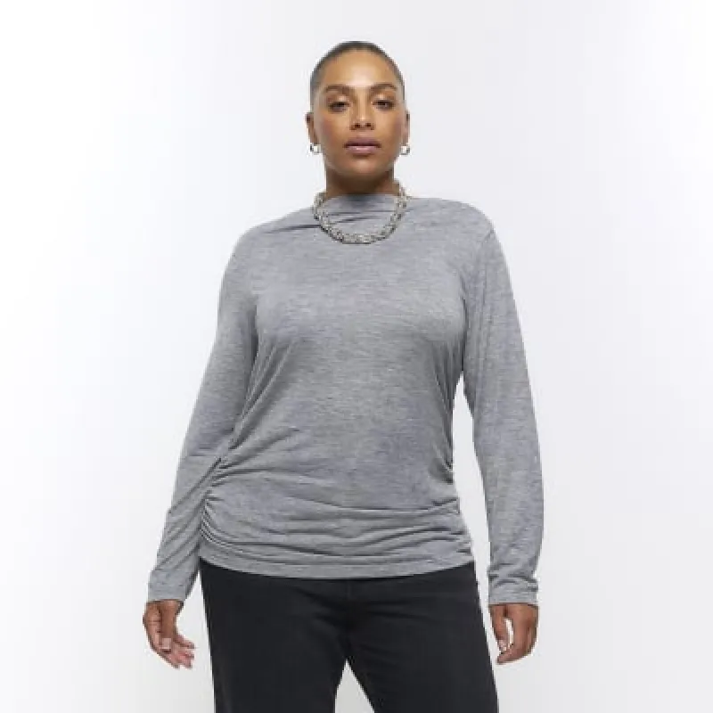 Plus grey ruched side long sleeve top sold by River Island