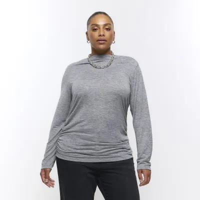 Plus grey ruched side long sleeve top sold by River Island