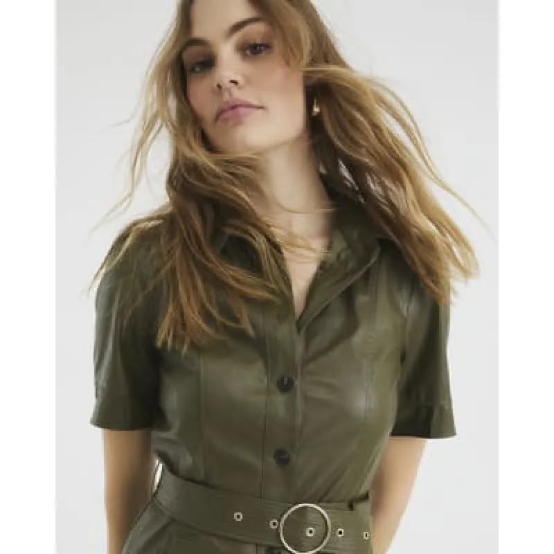 Khaki Faux Leather Midi Shirt Dress sold by River Island