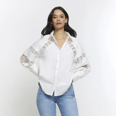White Crochet Panel Oversized Shirt sold by River Island