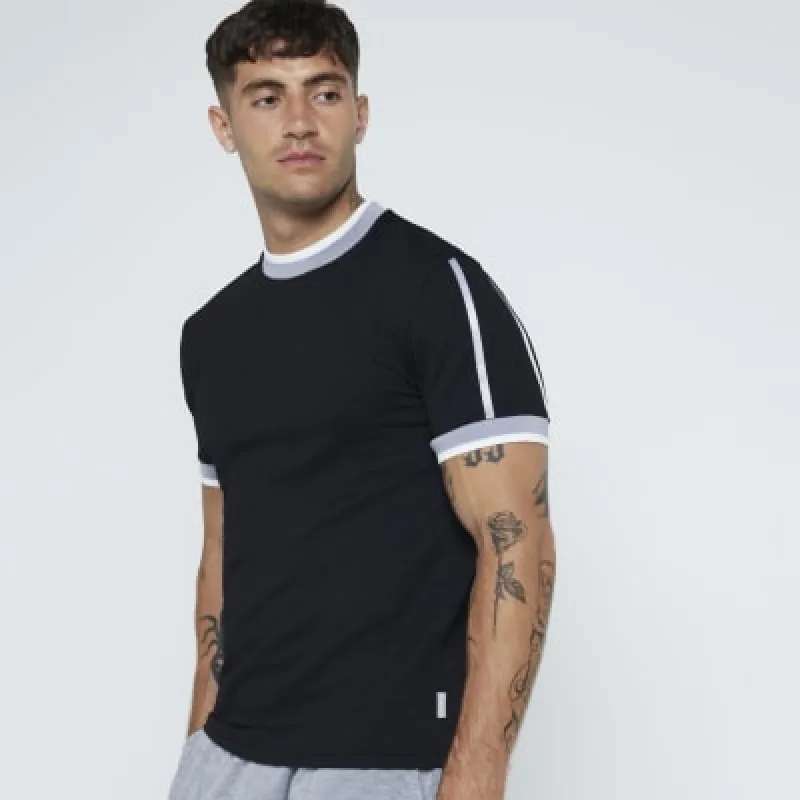 Black slim fit stretch textured taped t-shirt sold by River Island