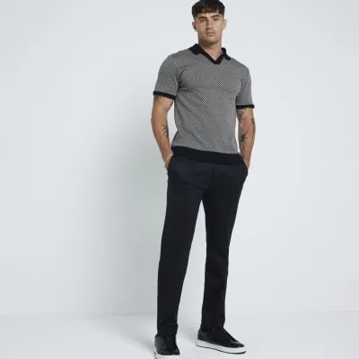 Black slim fit stretch geometric polo shirt sold by River Island