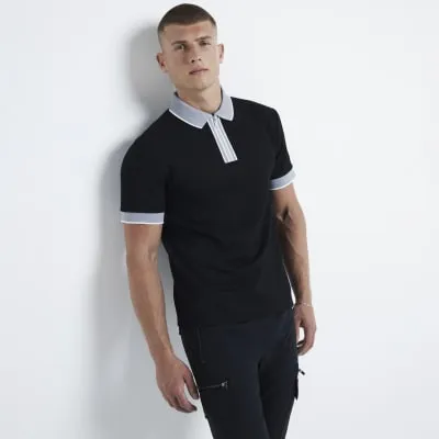 Black slim fit stretch textured polo shirt sold by River Island