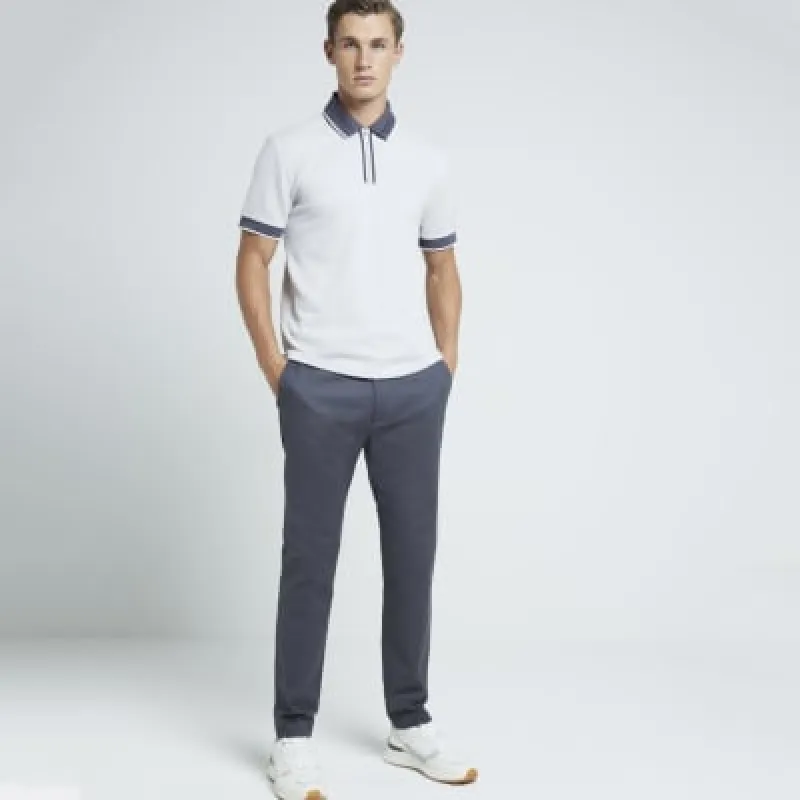 Grey slim fit textured tipped half zip polo sold by River Island