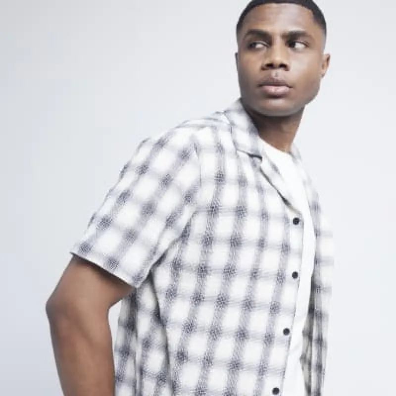 Blue Regular Fit textured check Revere Shirt sold by River Island