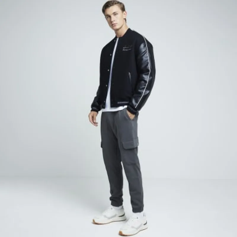 Grey slim fit stretch textured cargo joggers sold by River Island