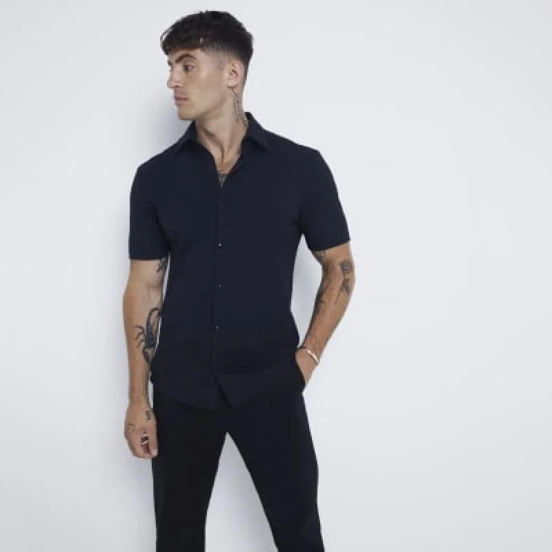 Black slim fit stretch short sleeve shirt sold by River Island
