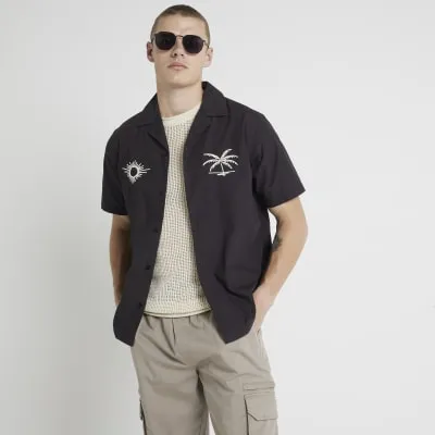 Grey regular fit embroidered revere shirt sold by River Island