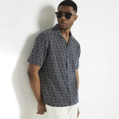 Navy regular fit jacquard revere shirt sold by River Island