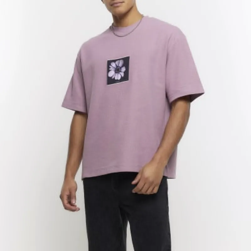 Pink regular fit floral patch t-shirt sold by River Island