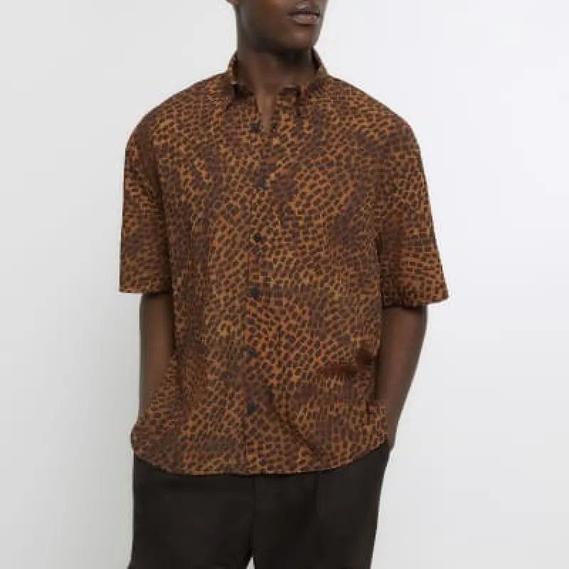 Brown boxy fit square print shirt sold by River Island