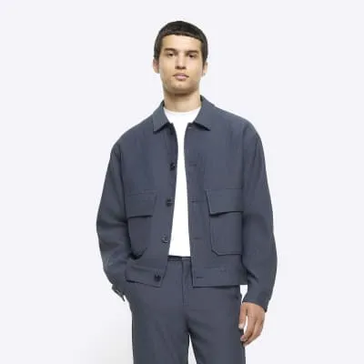 Blue regular fit plisse Harrington jacket sold by River Island