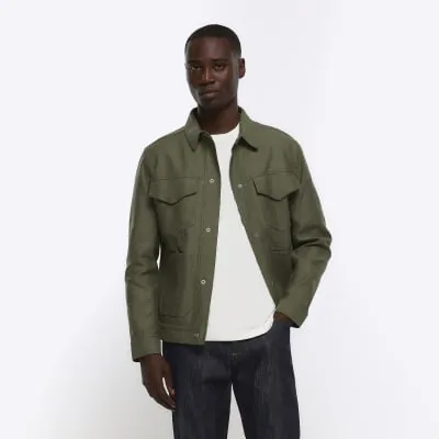 Khaki regular fit linen blend western jacket sold by River Island
