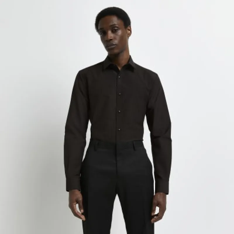 Dark brown slim fit check cutaway shirt sold by River Island