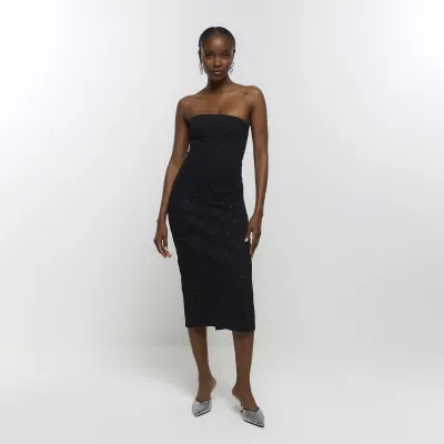 Black denim diamante bandeau midi dress sold by River Island