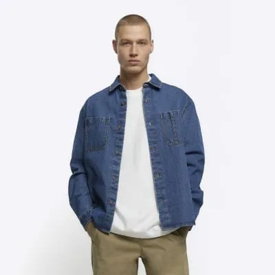 Blue regular fit utility denim shirt sold by River Island