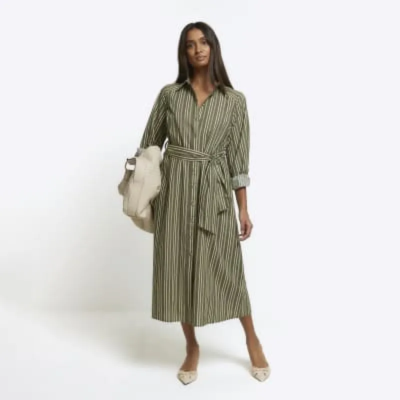 Khaki stripe belted midi shirt dress sold by River Island